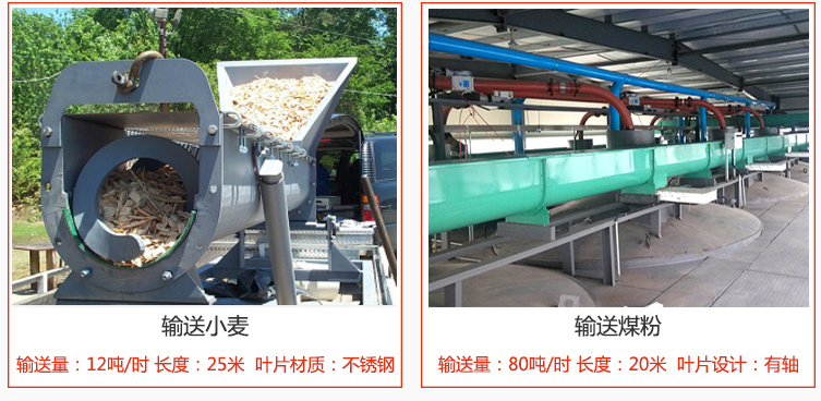 絞龍螺旋輸送機(jī)輸送小麥輸送量在12噸/時(shí)，長(zhǎng)度為25米，葉片采用不銹鋼材質(zhì)；輸送水泥輸送量在80噸/時(shí)，長(zhǎng)度為20米，葉片設(shè)計(jì)為有軸。