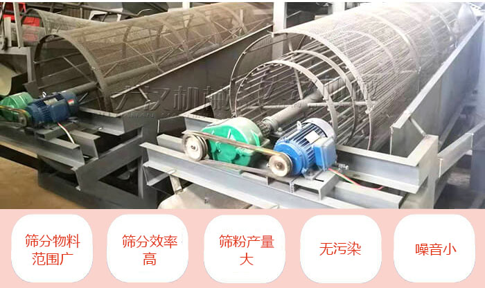 滾筒篩分機主要特點：篩分物料范圍廣，篩分效率高，篩分產(chǎn)量大，無污染，噪音小。