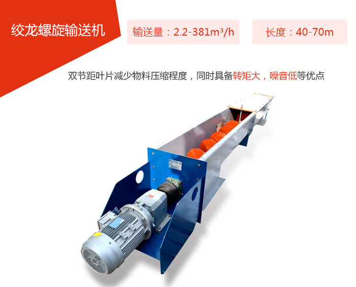 絞龍螺旋輸送機(jī)輸送量：2.2-381m3/h 長(zhǎng)度：40-70m 雙節(jié)距葉片減少物料壓縮程度，同時(shí)具備轉(zhuǎn)矩大，噪音低等優(yōu)點(diǎn)。