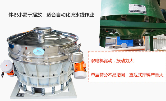 雙電機驅動，振動力大，單層篩分不易堵網，直泄式排料產量大