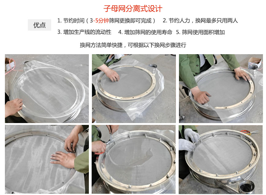 大漢振動機械換網優勢：1，節省時間（3-5分鐘篩網更換即可完成）2，節省人力，換網只有兩人。3.增加生產線的流暢性。4.增加篩網壽命，彈跳球不直接撞擊子網。5.篩網使用面積增加。