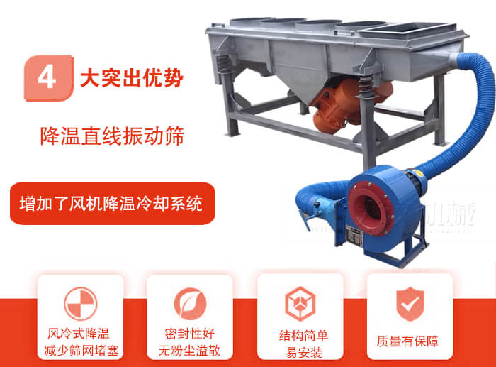 降溫直線振動篩性能特點(diǎn)：1，技術(shù)成熟，質(zhì)量可靠，篩分精度高，處理量大。2，風(fēng)冷式降溫系統(tǒng)設(shè)計(jì)，快速有效降溫。3，適用范圍廣，可應(yīng)用于各種需要降溫的物料。4，設(shè)計(jì)精巧合理，結(jié)構(gòu)簡單，易安裝，耗能少，噪音低5，篩網(wǎng)使用壽命長，換網(wǎng)更方便，快捷6，設(shè)備整體密封性好，無粉塵溢散。