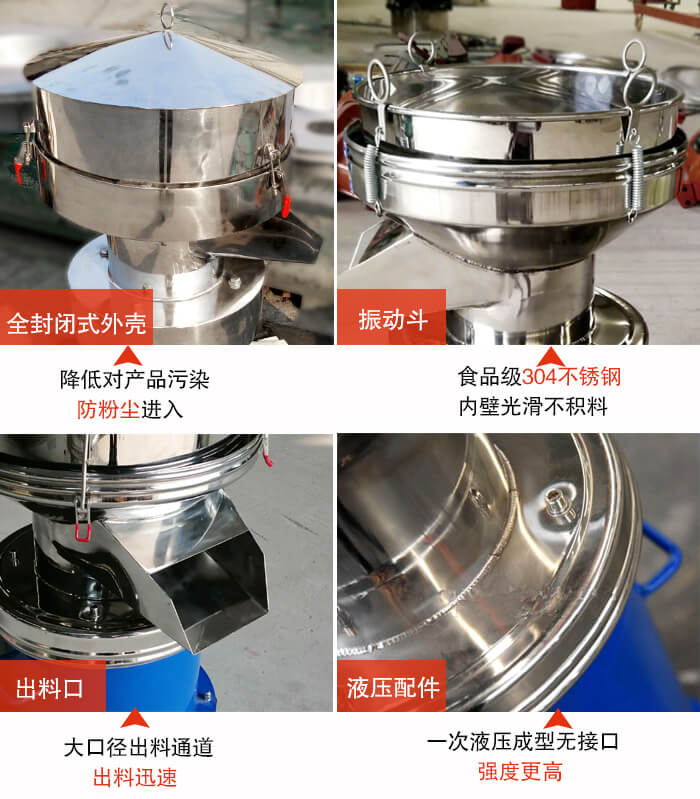 450過濾篩機結構組成：全封閉式外殼設計：對產品的污染低，防塵粉進入電機內部延長設備壽命。振動斗：食品304不銹鋼篩斗，內壁光滑不存在積料現(xiàn)象。出料口，大口徑出料通道，出料迅速，提高工作效率。液壓配件：一次液壓成型無接口強度更高。
